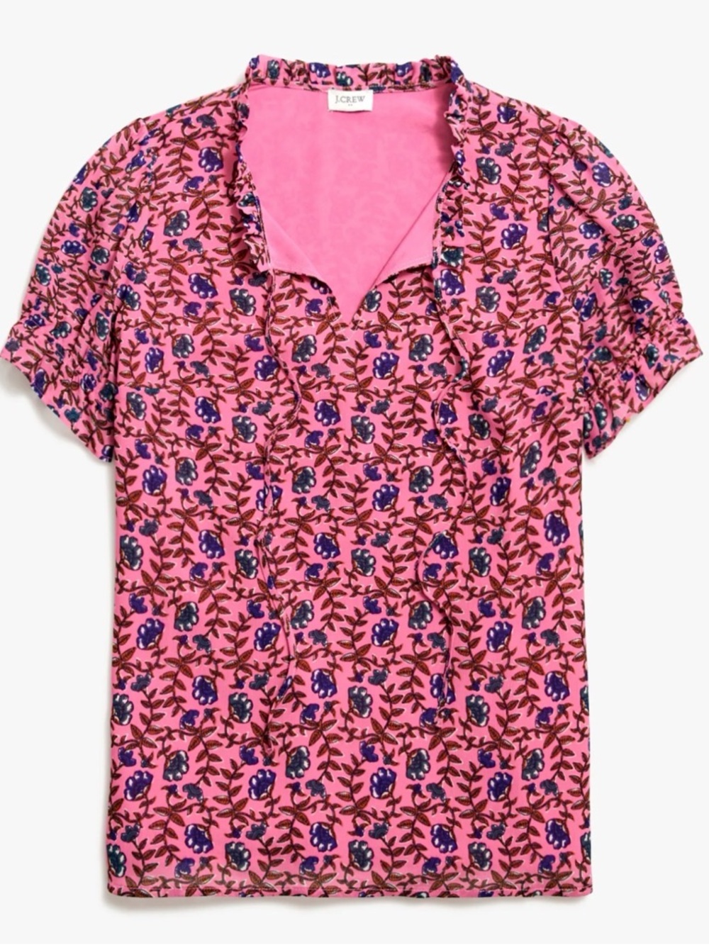 J. Crew Pink Floral Ruffle-Trim V-Neck Blouse